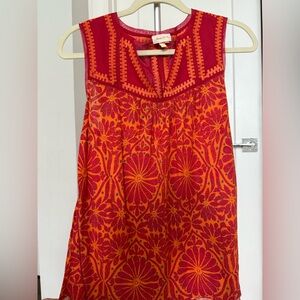 Anthropologie Embroidered Red and Orange Sleeveless Top